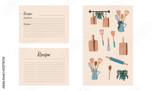 Modern Recipe card template set for cookbook. Menu Creator Vector Illustration. Pattern with Different Kitchen Utensils. Cooking Background.