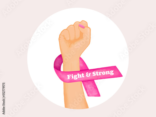 A Fight against Breast Cancer with pink ribbon. Strong women, pink ribbon. Ribbon with watercolor stain brush.