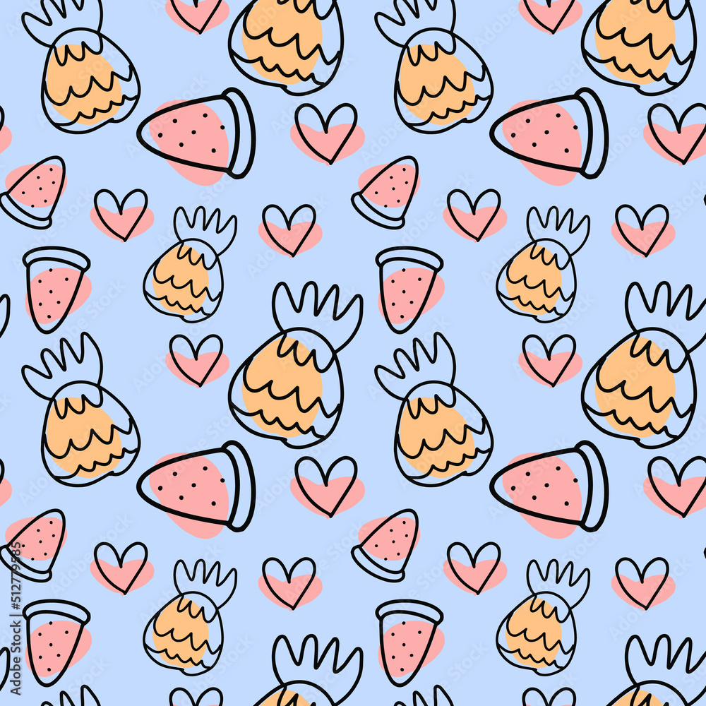 Vector Summer abstract pattern with pineapple and watermelon in doodle style. Vector Summer abstract pattern with pineapple and watermelon in doodle style.