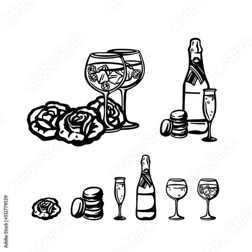 Set of festive pink champagne with glasses and roses illustration vector