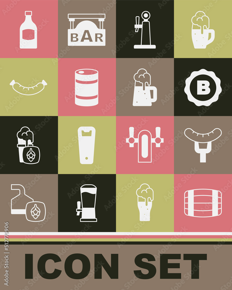 Set Wooden barrel, Sausage on the fork, Bottle cap with beer, Beer tap, Metal keg, bottle and mug icon. Vector