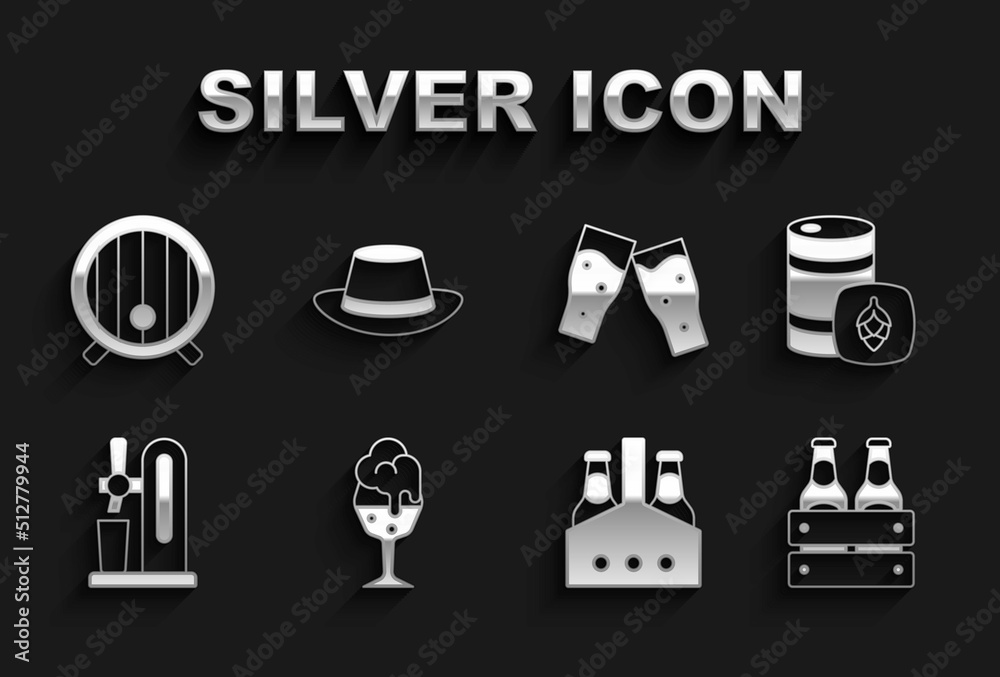 Set Glass of beer, Metal keg, Pack bottles, Beer tap with glass, Wooden barrel and Oktoberfest hat icon. Vector Set Glass of beer, Metal keg, Pack bottles, Beer tap with glass, Wooden barrel and Oktoberfest hat icon. Vector