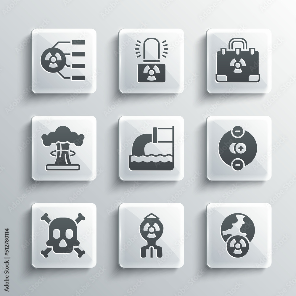 Set Nuclear bomb, Planet earth and radiation, Atom, Wastewater, Bones skull warning, explosion, Radioactive and Radiation nuclear suitcase icon. Vector