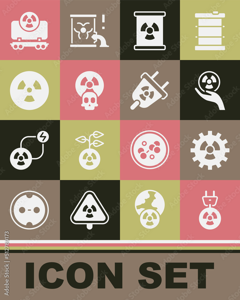 Set Radiation electrical plug, Radioactive, waste in barrel, cargo train and icon. Vector Set Radiation electrical plug, Radioactive, waste in barrel, cargo train and icon. Vector
