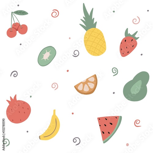 Fototapeta Naklejka Na Ścianę i Meble -  Drawn fruit icons. Summer illustration for the design of farm products, the market label of a vegetarian store.