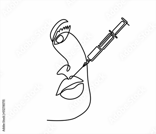 Continuous line beauty surgery concept. One line female portrait. One line syringe, lip filters