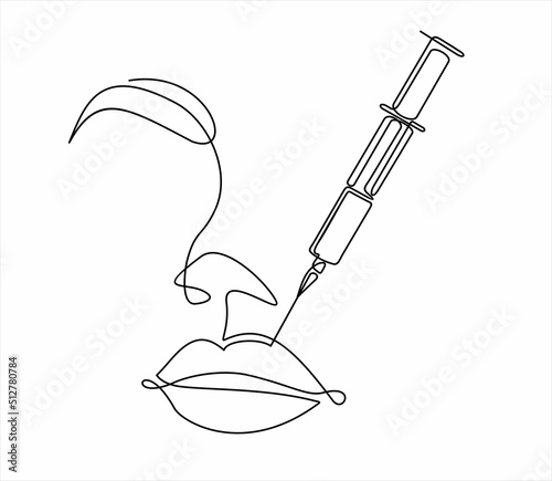 Continuous line beauty surgery concept. One line female portrait. One line syringe, lip filters