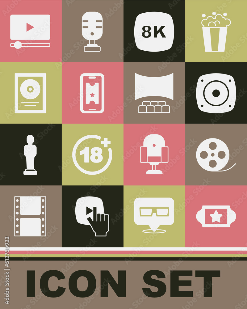 Set Cinema ticket, Film reel, Stereo speaker, 8k Ultra HD, Buy cinema online, CD disk award frame, Online play video and auditorium with screen icon. Vector Set Cinema ticket, Film reel, Stereo speaker, 8k Ultra HD, Buy cinema online, CD disk award frame, Online play video and auditorium with screen icon. Vector