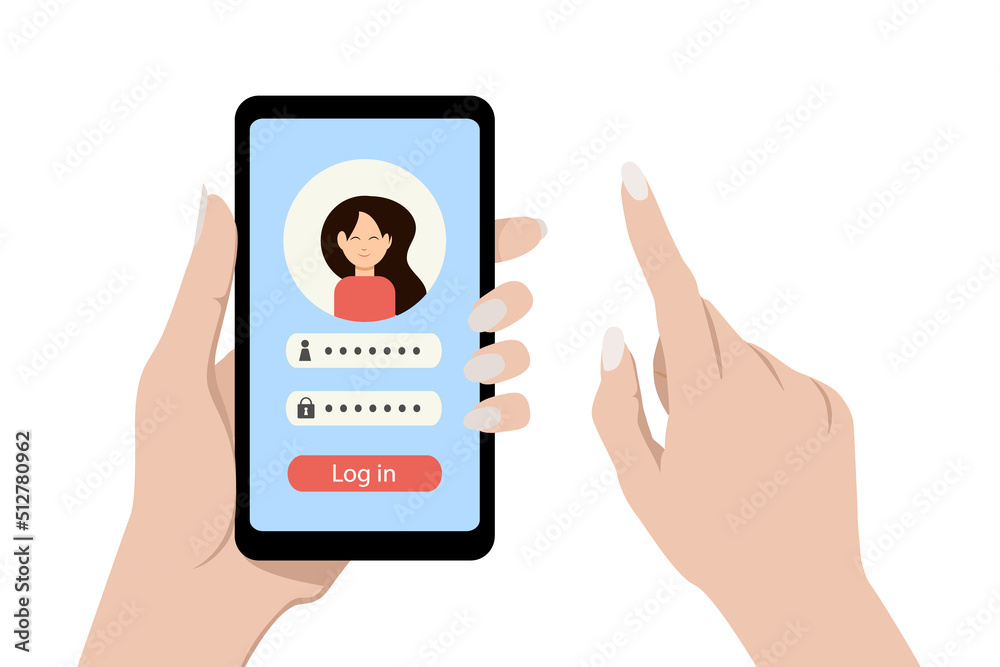Vector smartphone in female hands with a page of login to the personal account isolated on white Vector smartphone in female hands with a page of login to the personal account isolated on white