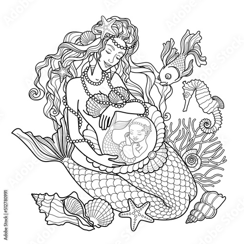 Young beautiful mermaid pregnant in the underwater world. Vector illustration for coloring for adults and children.