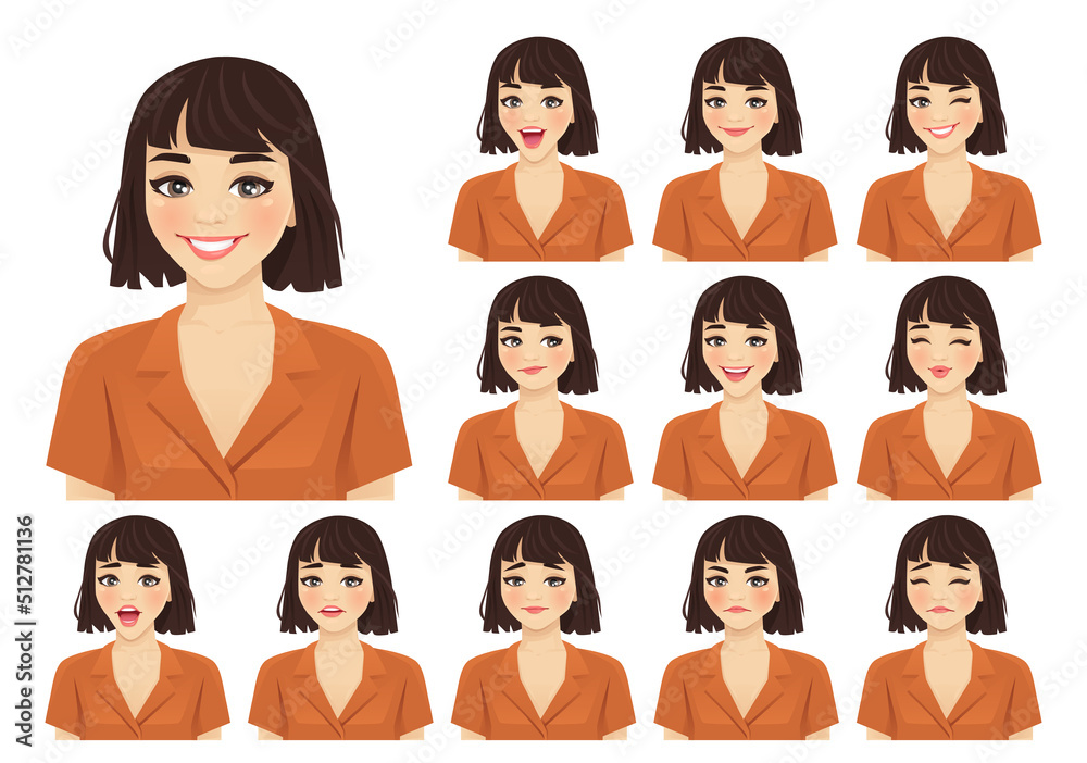 Young woman with short haircut different facial expressions set isolated vector illustration