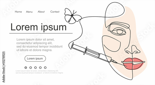 Continuous line beauty surgery concept. One line female portrait. One line syringe, lip filters