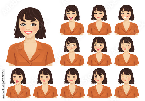 Young woman with short haircut different facial expressions set isolated vector illustration