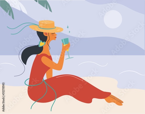 Young woman drinking wine on the beach. The brunette is resting on the sea. Vector illustration of a dark-haired girl holding a cocktail and admiring the beautiful scenery. Flat banner, cover, poster.