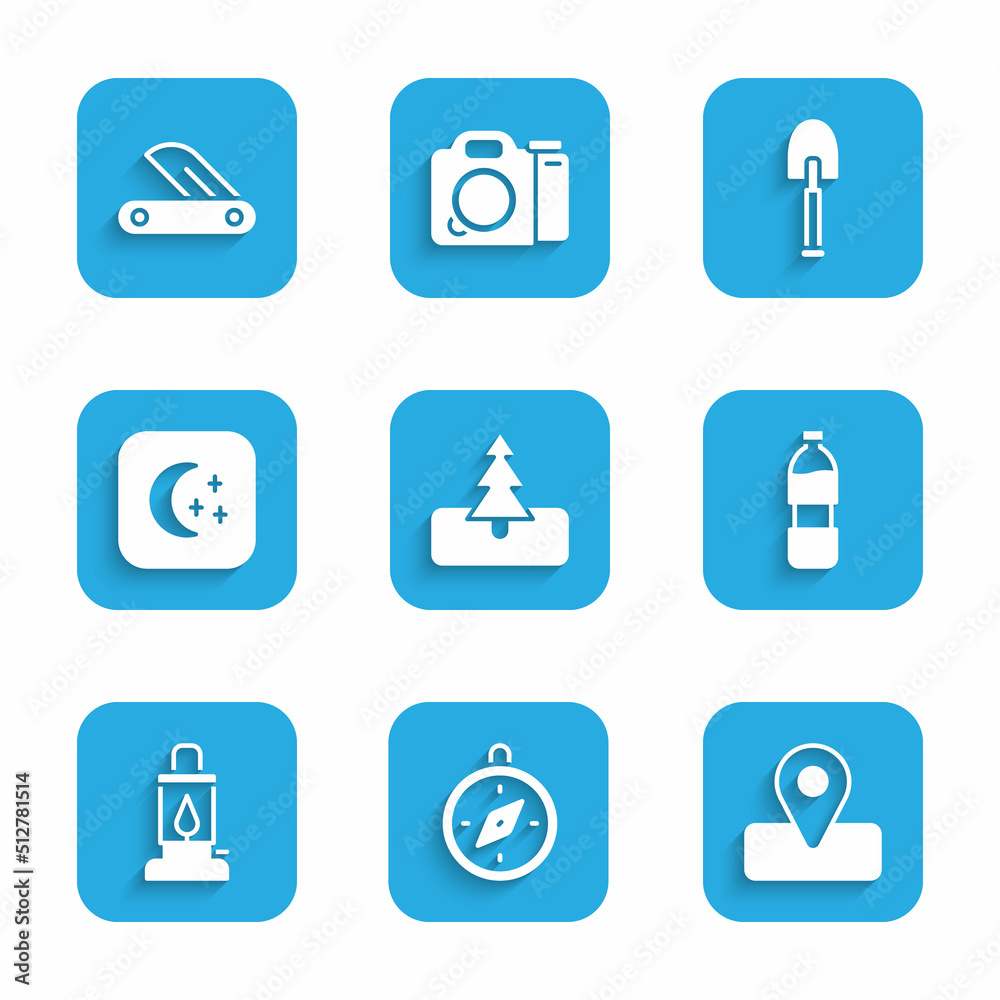 Set Tree, Compass, Location for camping, Bottle of water, Camping lantern, Moon and stars, Shovel and Swiss army knife icon. Vector Set Tree, Compass, Location for camping, Bottle of water, Camping lantern, Moon and stars, Shovel and Swiss army knife icon. Vector