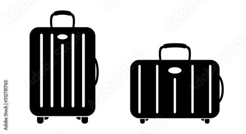 Bag, baggage set vector icon on white background. Holiday travel symbol, black luggage set to use for summer journey, travel, transportation illustration projects.