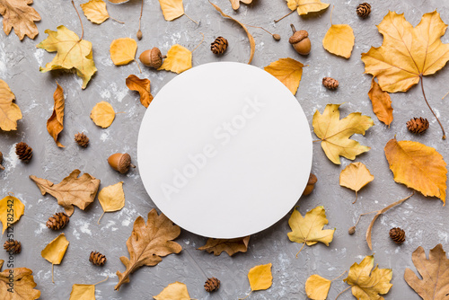 Autumn composition with round paper blank and dried leaves on table. Flat lay, top view, copy space