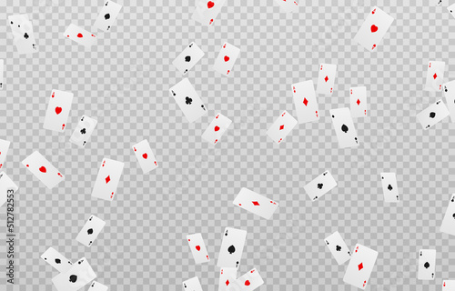 Vector playing cards png. Playing cards fall from the sky on an isolated transparent background. Four aces png, red, black cards. Gambling. Poker.