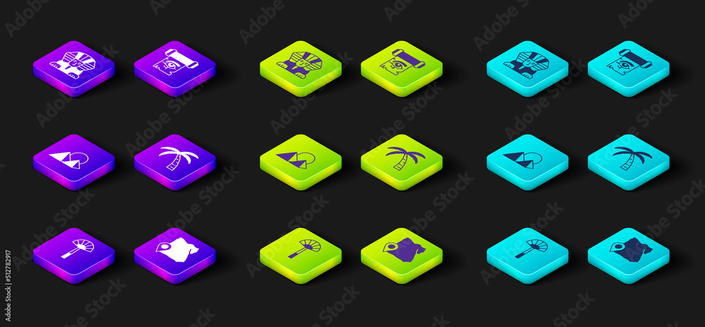 Set Egyptian fan, Map of, pyramids, Tropical palm tree, Eye Horus on papyrus scroll and Sphinx icon. Vector Set Egyptian fan, Map of, pyramids, Tropical palm tree, Eye Horus on papyrus scroll and Sphinx icon. Vector