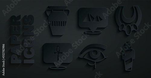 Set Eye of Horus, Egyptian necklace, Cross ankh, mummy, pyramids and vase icon. Vector