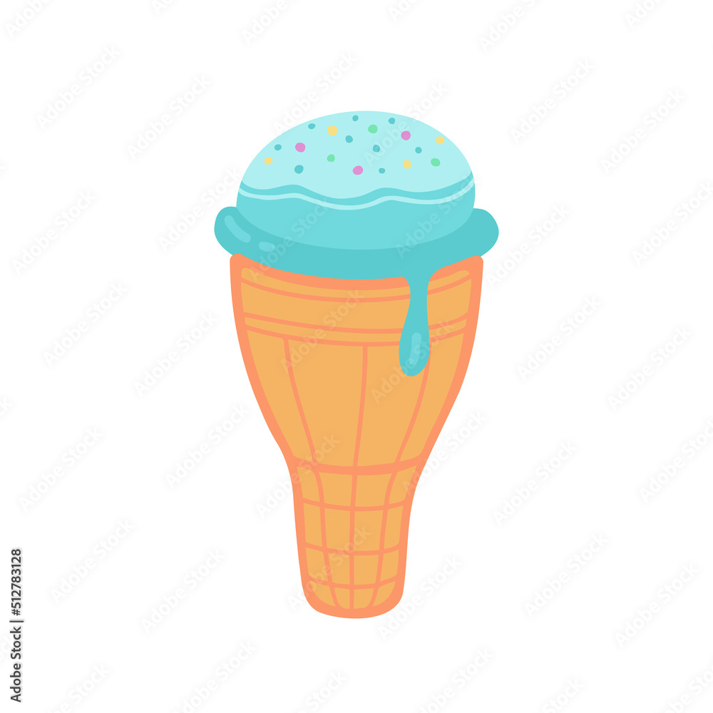 Ice cream in a waffle cone. Vector Illustration for printing, backgrounds, covers, packaging, greeting cards, posters, stickers, textile and seasonal design. Isolated on white background. Ice cream in a waffle cone. Vector Illustration for printing, backgrounds, covers, packaging, greeting cards, posters, stickers, textile and seasonal design. Isolated on white background.