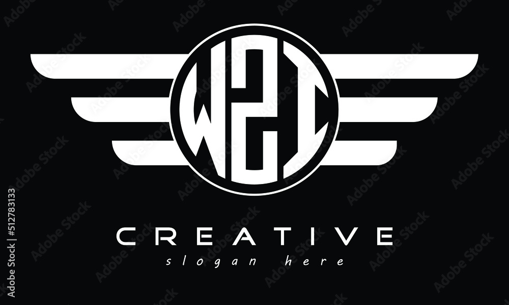 WZI three letter circle with wings logo design vector template. wordmark logo | emblem logo | monogram logo | initial letter logo | typography logo | business logo | minimalist logo |	 - obrazy, fototapety, plakaty 