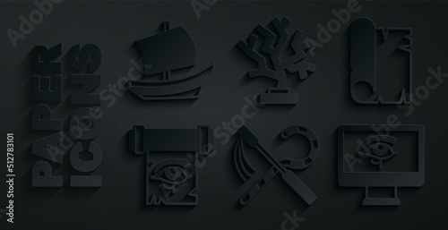 Set Crook and flail, Papyrus scroll, Eye of Horus on papyrus, monitor, Coral and Egyptian ship icon. Vector