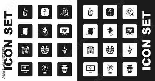 Set Eye of Horus, Nefertiti, Papyrus scroll, Egyptian anubis, Flag Of, Cross ankh, Snake and pharaoh icon. Vector