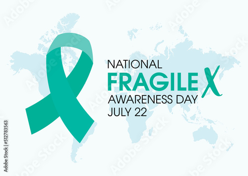 National Fragile X Awareness Day vector. Blue-green awareness ribbon and world map silhouette icon vector. July 22. Important day photo