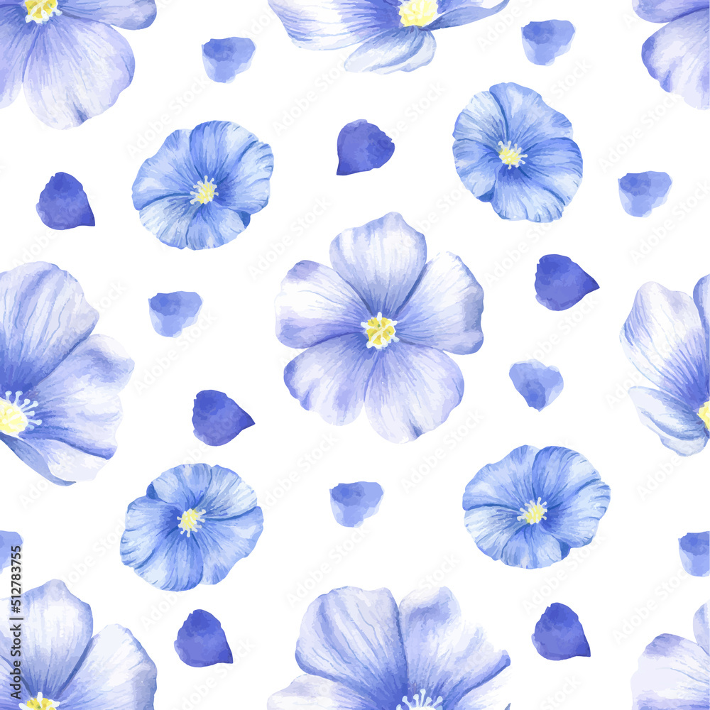 Fototapeta premium Vector seamless pattern of flax wildflowers. Watercolor floral seamless pattern of blue flowers. Suitable for fabric, scrapbooking, digital paper digital design
