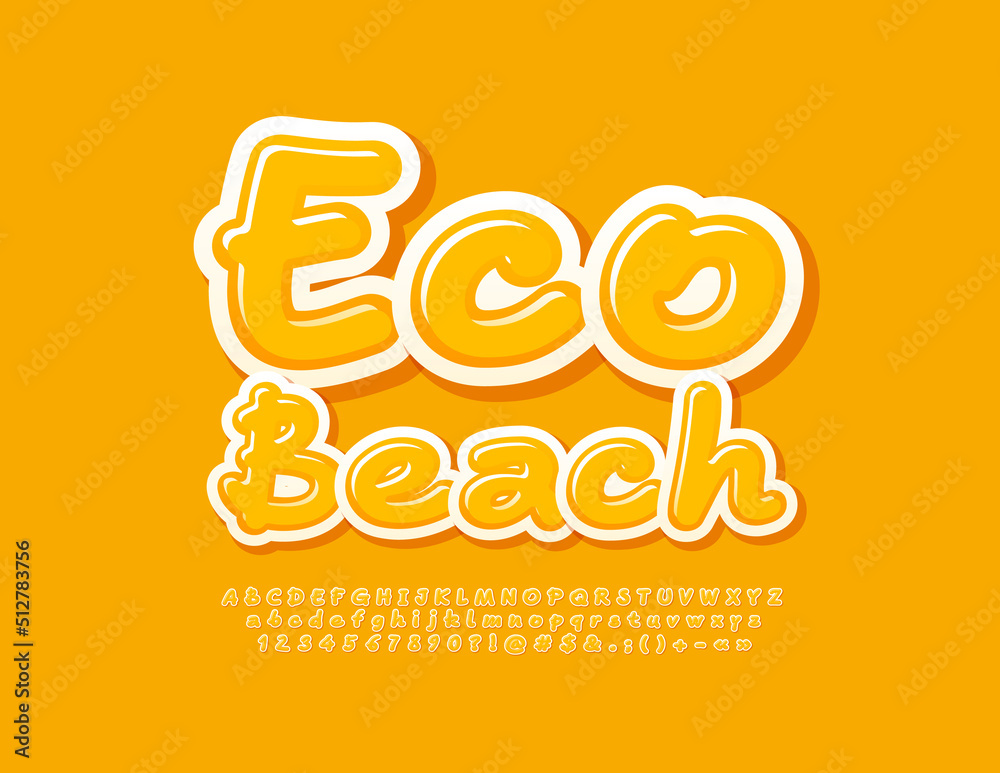 Vector sunny Banner Eco Beach. Yellow Handwritten Font. Set of creative Alphabet Letters and Numbers