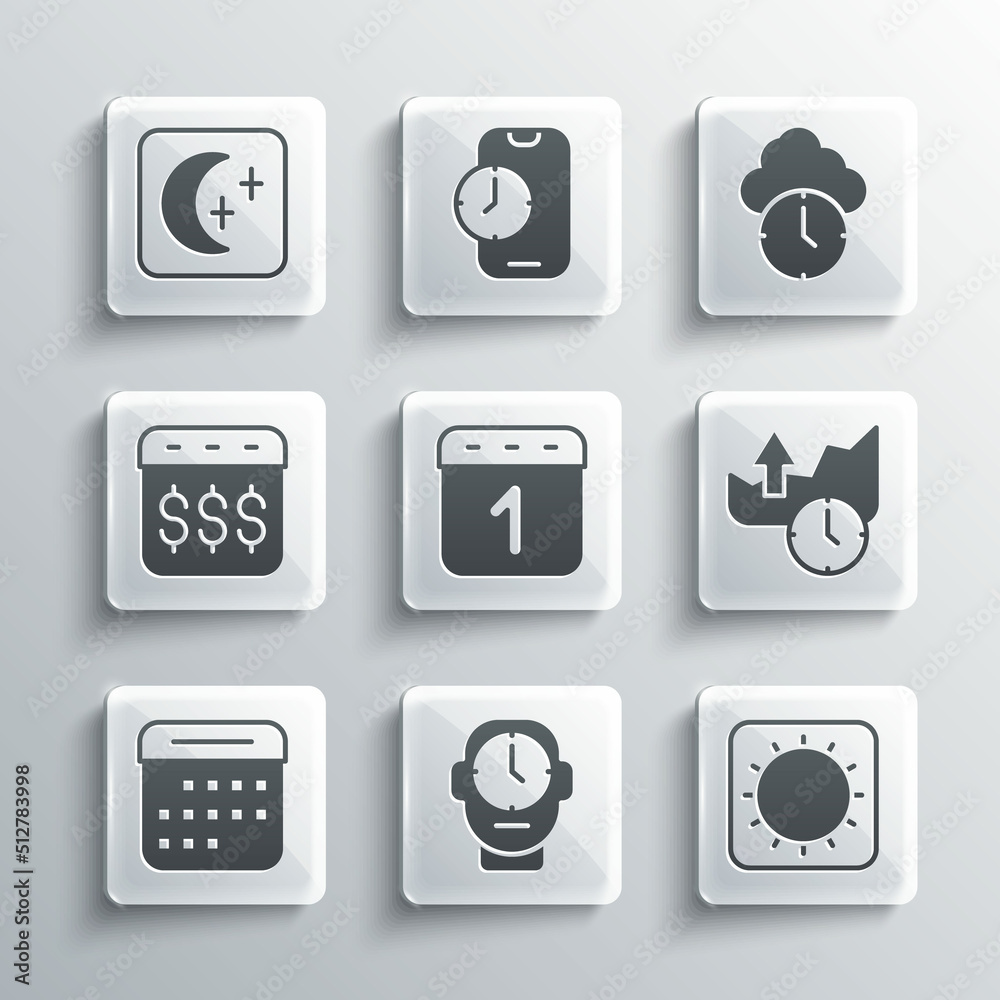 Set Clock, Sun, Stocks market growth graphs, Calendar, Payday, calendar with dollar, Moon and stars and icon. Vector Set Clock, Sun, Stocks market growth graphs, Calendar, Payday, calendar with dollar, Moon and stars and icon. Vector