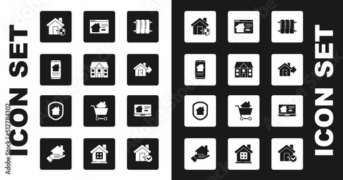Set Heating radiator, House, Online real estate house, under protection, Sale, and icon. Vector