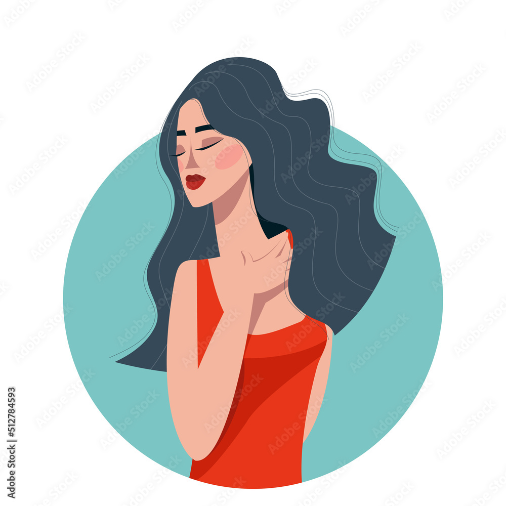 Beautiful young girl in red dress touching her neck on the circle background. Cute flat vector illustration Beautiful young girl in red dress touching her neck on the circle background. Cute flat vector illustration
