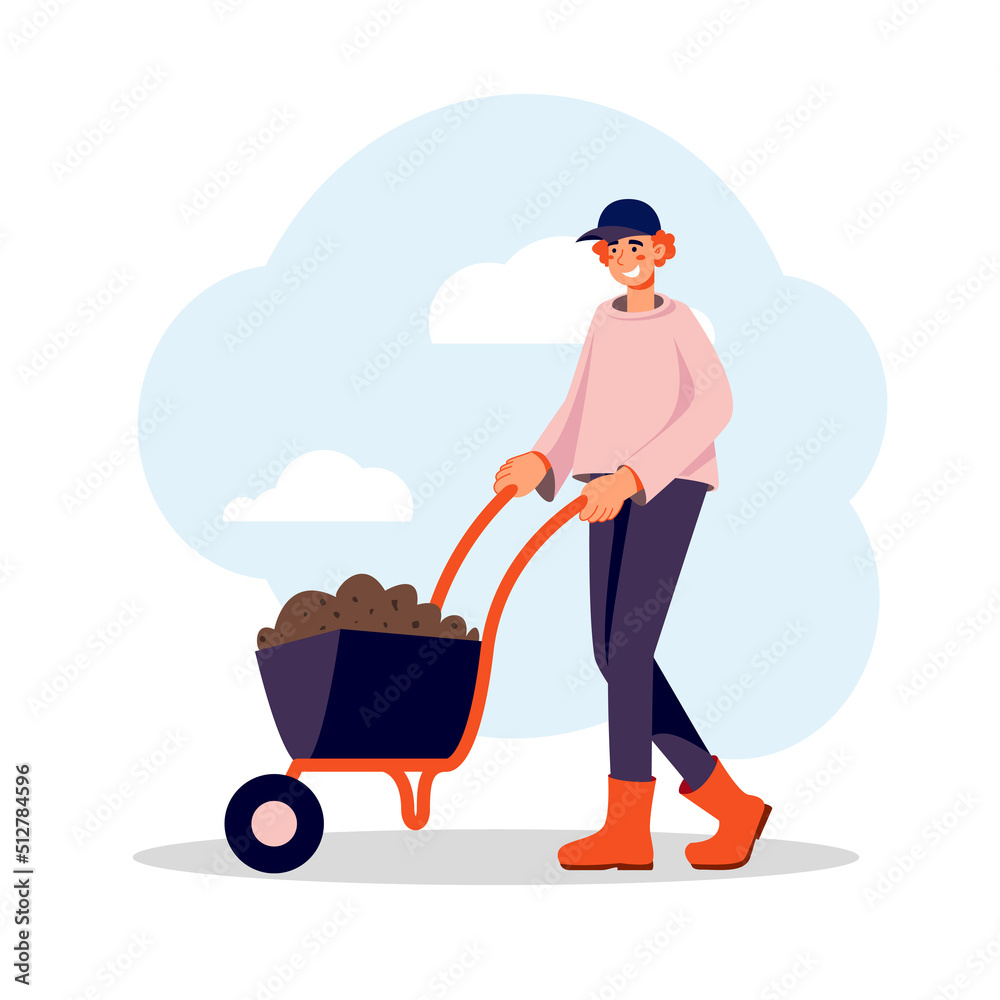 Garden work, man with the wheelbarrow full of soil in his hands. Cute flat vector illustration
