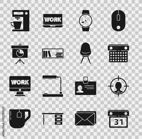 Set Calendar, Head hunting concept, Wrist watch, Shelf with books, Chalkboard diagram, Coffee machine and Office chair icon. Vector