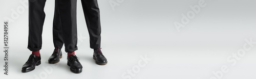 Cropped view of gay couple in formal wear and shoes on grey background, banner.
