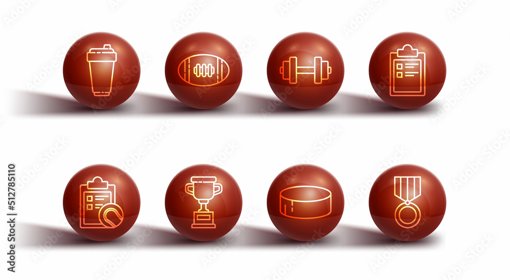 Set line Fitness shaker, Checklist clipboard and tennis ball, Sport training program, Hockey puck, Award cup, American Football, Medal and Dumbbell icon. Vector Set line Fitness shaker, Checklist clipboard and tennis ball, Sport training program, Hockey puck, Award cup, American Football, Medal and Dumbbell icon. Vector