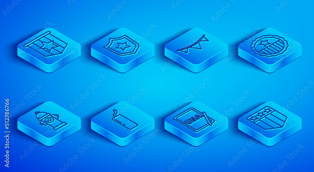 Set line American flag, Police badge, Carnival garland with flags, Dynamite bomb, USA on graphic tablet, Medal star, Fire hydrant and Shield stars icon. Vector Set line American flag, Police badge, Carnival garland with flags, Dynamite bomb, USA on graphic tablet, Medal star, Fire hydrant and Shield stars icon. Vector
