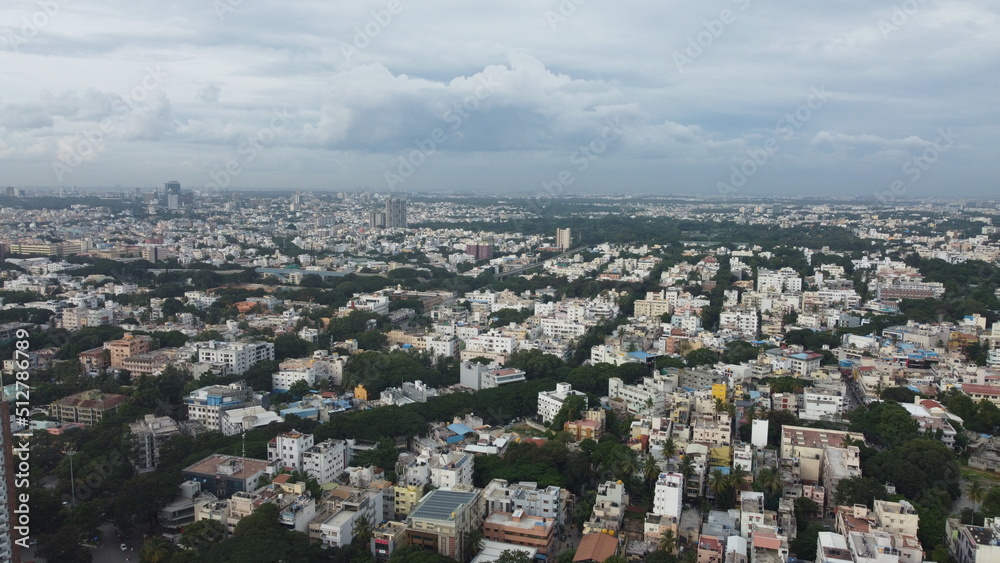 Bangalore, India 24th March 2022:  An aerial shot of Bangalore city with live traffic. The capital city of Karnataka drone view. The megacity of India. Cosmopolitan city. Hanumanth nagar.