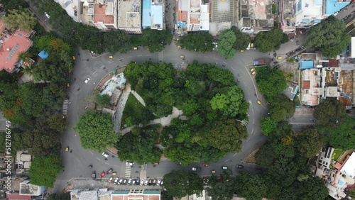 Bangalore, India 14th March 2022:  An aerial shot of Sajjan Rao Circle, VV Puram, Bangalore. Visveswarapura. The capital city of Karnataka drone view. The megacity of India. Cosmopolitan city. photo