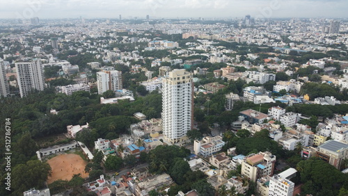 Bangalore, India 24th March 2022:  An aerial shot of Bangalore city with live traffic. The capital city of Karnataka drone view. The megacity of India. Cosmopolitan city.