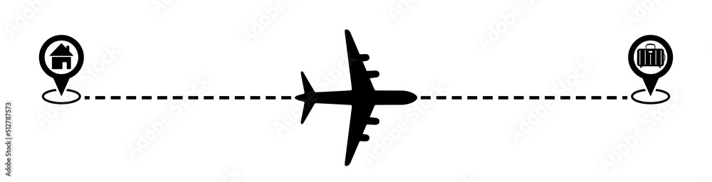 Obraz premium Flight company banner, airplane with line route, pointers, house, baggage icon vector illustration. Travel, cargo transport concept illustration to use in tourism, logistics, holiday planning.