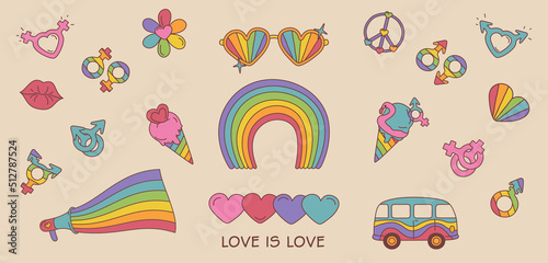 Pride LGBT symbols in doodle style. Isolated vector set icons of LGBTQ community symbols with hearts, slogan love is love, gender symbols, megaphone and rainbow