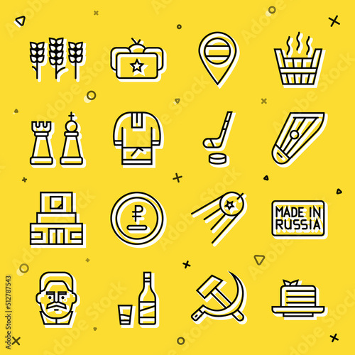 Set line Medovik, Made in Russia, Kankles, Location, Kosovorotka, Chess, Wheat and Ice hockey stick and puck icon. Vector