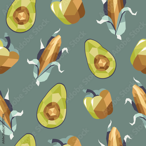 Pattern in low poly style. Corn, avocado, bell pepper in geometric style. Pattern with vegetables in geometric style. Vector illustration