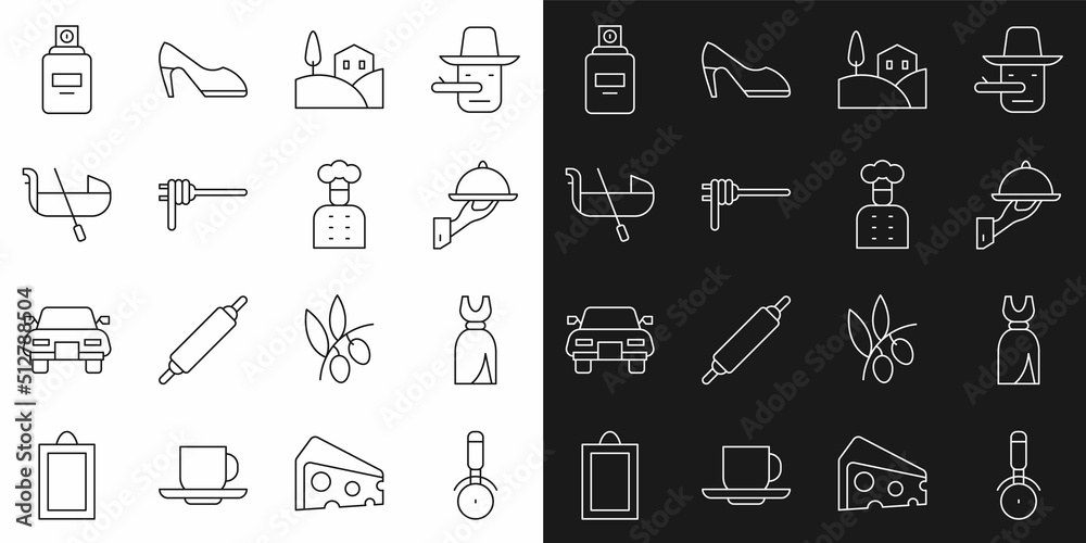 Set line Pizza knife, Woman dress, Covered with tray of food, Village landscape, Pasta spaghetti, Gondola, Perfume and Italian cook icon. Vector Set line Pizza knife, Woman dress, Covered with tray of food, Village landscape, Pasta spaghetti, Gondola, Perfume and Italian cook icon. Vector