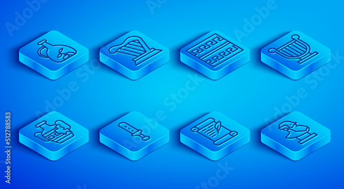 Set line Bottle of olive oil, Harp, Ancient Greek pattern, Medieval sword, Decree, parchment, scroll, lyre, Broken amphorae and bust sculpture icon. Vector