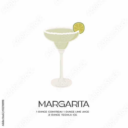 Retro minimalist poster of Margarita cocktail recipe. with salt and lime. Tropical mexican drink with alcohol in martini glass on white background. Classic alcoholic beverage. Vector flat illustration