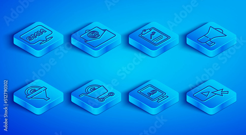 Set line Social media marketing, Mail and e-mail, Clipboard with graph chart, Shopping cart dollar, Advertising, Megaphone, Lead management and icon. Vector